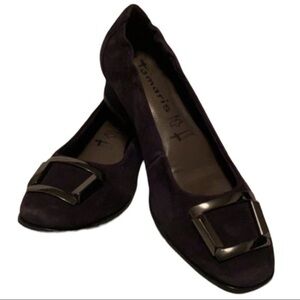 TAMARIS BLACK SUEDE LEATHER FLAT SHOE w/ SILVERTONE BUCKLE WOMENS SHOE SIZE 6.5